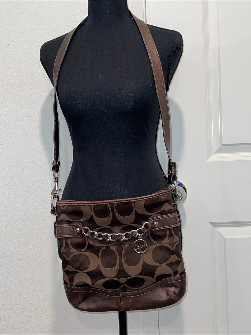 Coach Brown Signature Canvas Shoulder Bag with Chain Accent